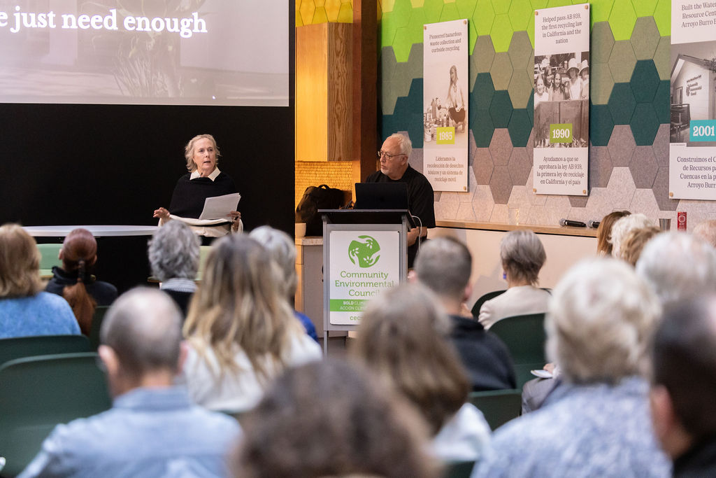 Sigrid Wright at the lectern, with the line 'we just need enough' on the screen.